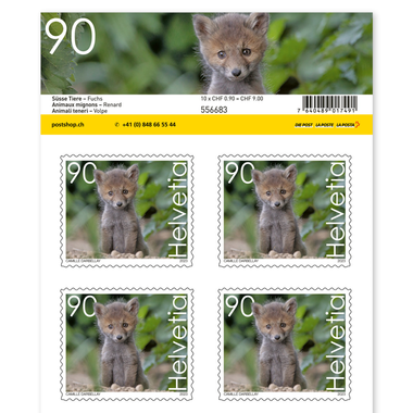 Briefmarken CHF 0.90 «Fuchs», Bogen mit 10 Marken Bogen «Süsse Tiere», selbstklebend, ungestempelt