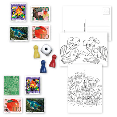 «Phila & Franco» stamp set for children, IT, 2/22 Stamp set for children, 8 Stamps (4 cancelled, 4 mint), 3 Postcards, Game accessories set