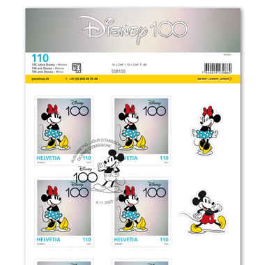 Stamps CHF 1.10 «Minnie», Sheet with 10 stamps Sheet «100 years Disney», self-adhesive, cancelled