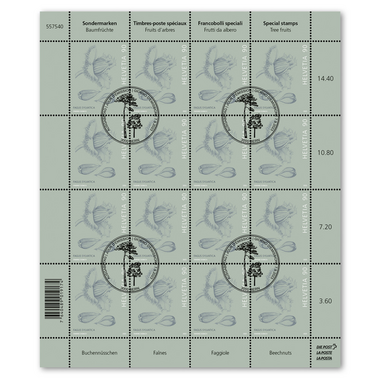 Briefmarken CHF 0.90 «Buchennüsschen», Bogen mit 16 Marken Bogen «Baumfrüchte», gummiert, gestempelt
