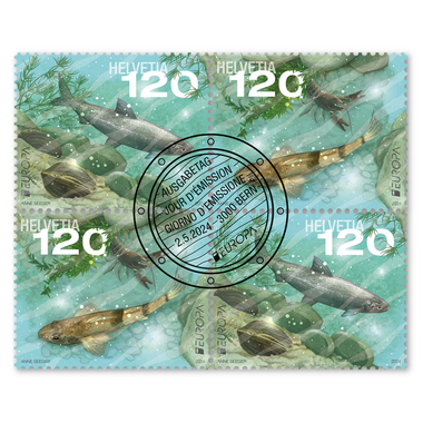 Bloc de quatre «EUROPA – Faune et flore subaquatiques» Bloc de quatre (4 timbres, valeur d'affranchissement CHF 4.80), gommé, oblitéré
