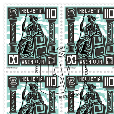 Briefmarken CHF 1.10 «100 Jahre Verein Schweizerischer Archivarinnen und Archivare», Bogen mit 20 Marken Bogen «100 Jahre Verein Schweizerischer Archivarinnen und Archivare», gummiert, gestempelt