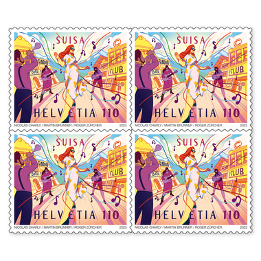 Bloc de quatre «100 ans de SUISA» Bloc de quatre (4 timbres, valeur d'affranchissement CHF 4.40), autocollant, non oblitéré