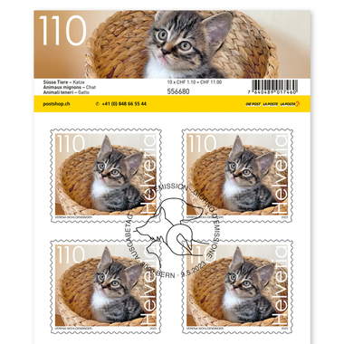 Stamps CHF 1.10 «Cat», Sheet with 10 stamps Sheet «Cute animals», self-adhesive, cancelled