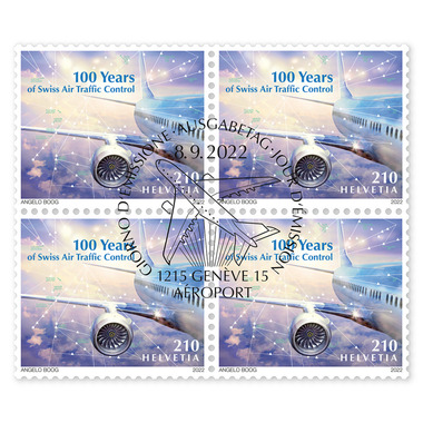 Bloc de quatre «100 ans du service de la sécurité aérienne suisse» Bloc de quatre (4 timbres, valeur d'affranchissement CHF 8.40), autocollant, oblitéré