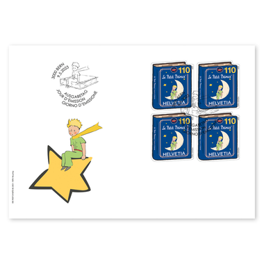 Enveloppe du jour d'émission «Le Petit Prince» Bloc de quatre (4 timbres, valeur d'affranchissement CHF 4.40) sur enveloppe du jour d'émission (FDC) C6