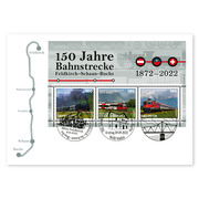 Busta primo giorno Emissione congiunta «150 anni della tratta ferroviaria Feldkirch–Schaan–Buchs» Blocco speciale (3 francobolli, valore facciale 2x CHF 1.80, 1x EUR 1.00) su busta primo giorno (FDC) C6
