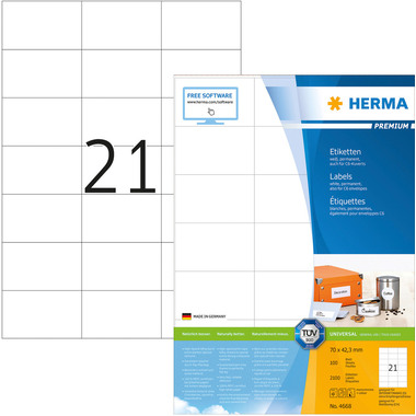 HERMA Universal-Etiketten 70x42,3mm 4668 weiss 2100 St./100 Blatt