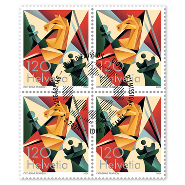 Bloc de quatre «100 ans Fédération Internationale des Échecs» Bloc de quatre (4 timbres, valeur d'affranchissement CHF 4.80), gommé, oblitéré