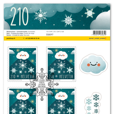 Stamps CHF 2.10 «Snowfall», Sheet with 10 stamps Sheet «Christmas – Snow crystals», self-adhesive, cancelled