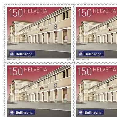Timbres CHF 1.50 «Bellinzona», Feuille de 10 timbres Feuille Gares suisses, autocollant, non oblitéré