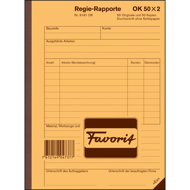 FAVORIT Regie-Rapporte Deutsch A5 9181 OK Durchschreibepapier 50x2 Blatt