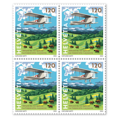 Block of four «100 years La Caquerelle-Lausanne special flight» Block of four (4 stamps, postage value CHF 4.80), gummed, mint