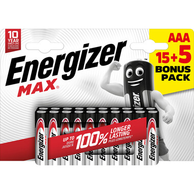 Batteria Energizer Max Micro (AAA), 15+5 pz Confezione da 20 batterie AAA alcaline Energizer MAX