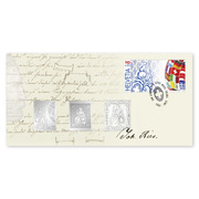 Anniversary envelope «Helvetia 2022 World Stamp Exhibition Lugano» The product contains two commemorative stamps made of silver and is franked with the miniature sheet «Helvetia 2022 World Stamp Exhibition Lugano» and cancelled with a special commemorative postmark