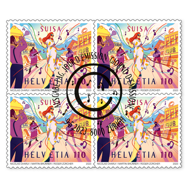 Quartina «100 anni di SUISA» Quartina (4 francobolli, valore facciale CHF 4.40), autoadesiva, con annullo