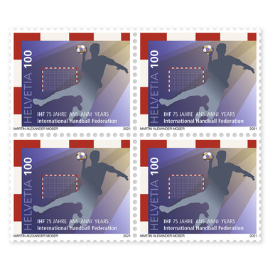 Briefmarken CHF 1.00 «75 Jahre IHF Internationale Handballförderation», Viererblock Viererblock (4 Marken, Taxwert CHF 4.00), gummiert, ungestempelt
