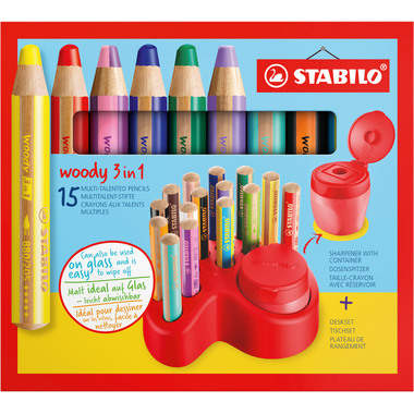 STABILO Crayon couleur Woody 3 in 1 8802-15-01 Set de table, 15 pièces ass.