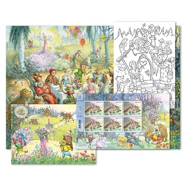 Märchen, Kartenset «Wald» Kartenset «Wald», 6 Briefmarken à CHF 1.00, 6 Ausmalkarten, 1 Stickerkarte, 1 Poster A3