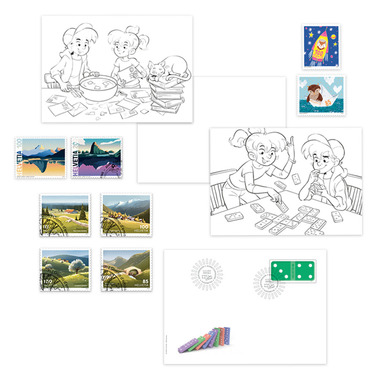 «Phila & Franco» Briefmarkenset für Kinder, 4/21, FR Briefmarkenset für Kinder, 1 Ersttagsumschlag, 8 Briefmarken (5 gestempelt, 3 ungestempelt), 3 Postkarten