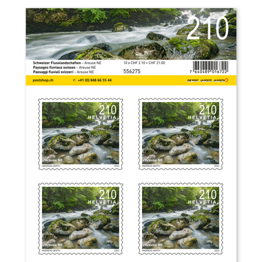Stamps CHF 2.10 «Areuse NE», Sheet with 10 stamps Sheet «Swiss river landscapes», self-adhesive, mint