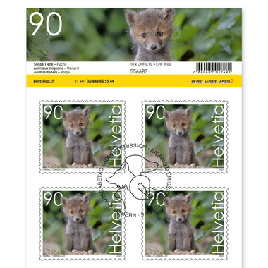 Briefmarken CHF 0.90 «Fuchs», Bogen mit 10 Marken Bogen «Süsse Tiere», selbstklebend, gestempelt
