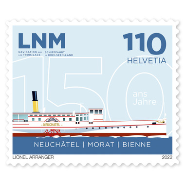 Timbre «150 ans LNM Navigation sur les Trois-Lacs» Timbre isolé de CHF 1.10, autocollant, non oblitéré