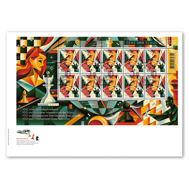 Busta primo giorno «100 anni Federazione internazionale degli scacchi» Minifoglio (10 francobolli, valore facciale CHF 12.00) su busta primo giorno (FDC) C5