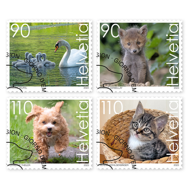 Stamps Series «Cute animals» Set (4 stamps, postage value CHF 4.00), self-adhesive, cancelled