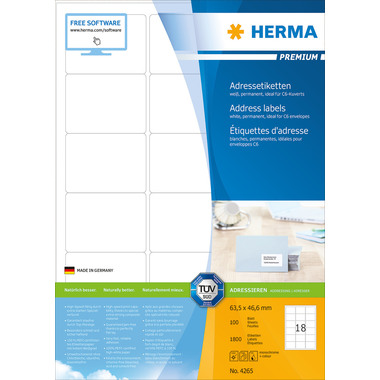 HERMA Étiquettes PREMIUM 63.5x46.6mm 4265 blanc,perm. 1800pcs./100flls.
