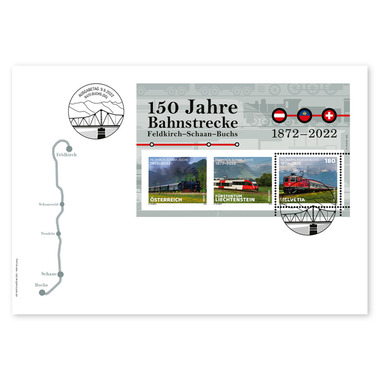 Enveloppe du jour d'émission «150 ans de la ligne ferroviaire Feldkirch–Schaan–Buchs» Bloc spécial (1 timbre, valeur d'affranchissement CHF 1.80) sur enveloppe du jour d'émission (FDC) E6