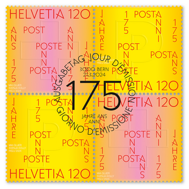 Block of four «175 years Swiss Post» Block of four (4 stamps, postage value CHF 4.80), gummed, cancelled