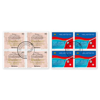 Set of blocks of four «Joint issue Switzerland–Liechtenstein / Customs Treaty» Set of blocks of four (8 stamps, postage value CHF 8.00), gummed, cancelled
