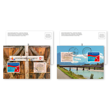 Maximum cards from both countries «Joint issue Switzerland–Liechtenstein / Customs Treaty» Set of 2 maximum cards, A6 format, featuring the «Friendship» and «Relationship» motifs, with the corresponding CH/LI special stamps and the respective first-day cancellations