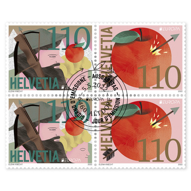 Set of blocks of four «EUROPA - Stories and Myths» Set of blocks of four (4 stamps, postage value CHF 4.40), gummed, cancelled
