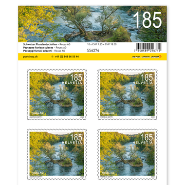 Stamps CHF 1.85 «Reuss AG», Sheet with 10 stamps Sheet «Swiss river landscapes», self-adhesive, mint