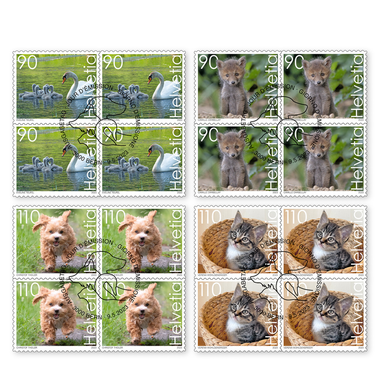 Set of blocks of four «Cute animals» Set of blocks of four (16 stamps, postage value CHF 16.00), self-adhesive, cancelled