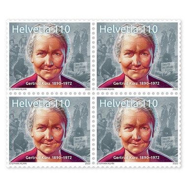 Bloc de quatre «Gertrud Kurz 1890–1972» Bloc de quatre (4 timbres, valeur d'affranchissement CHF 4.40), gommé, non oblitéré