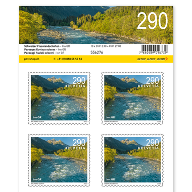 Timbres CHF 2.90 «Inn GR», Feuille de 10 timbres Feuille «Paysages fluviaux suisses», autocollant, non oblitéré