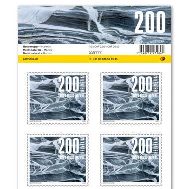 Timbres CHF 2.00 «Marbre», Feuille de 10 timbres Feuille «Motifs naturels», autocollant, non oblitéré