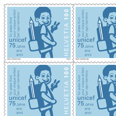 Timbres CHF 1.00 «Instruction Garçon», Feuille de 10 timbres Feuille 75 ans UNICEF, autocollant, non oblitéré