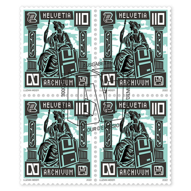 Bloc de quatre «100 ans de l’Association des archivistes suisses» Bloc de quatre (4 timbres, valeur d'affranchissement CHF 4.40), gommé, oblitéré
