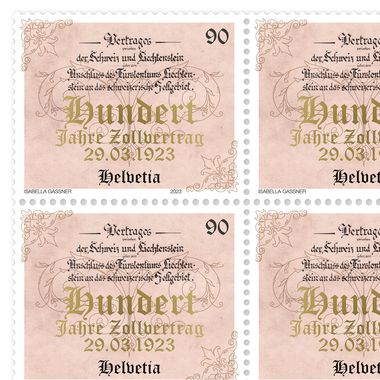 Briefmarken CHF 0.90 «Freundschaft», Bogen mit 16 Marken Bogen «Gemeinschaftsausgabe Schweiz – Liechtenstein / Zollvertrag», gummiert, ungestempelt