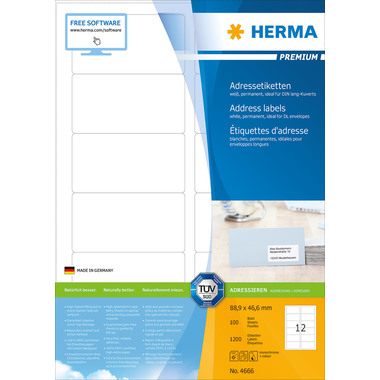 HERMA Etiketten PREMIUM 88.9x46.6mm 4666 weiss,perm. 1200 St./100 Bl.