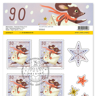 Timbres CHF 0.90 «Lettre», Feuille de 10 timbres Feuille «Noël – Salutations festives», autocollant, oblitéré