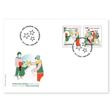 Enveloppe du jour d'émission «Pro Juventute - Rester en lien» Série (2 timbres, valeur d'affranchissement CHF 2.00+1.00) sur enveloppe du jour d'émission (FDC) C6