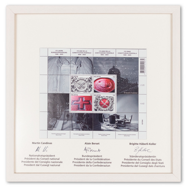 Souvenir picture «175 years Federal Constitution» Framed sheet of stamps with signature in limited edition
