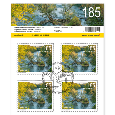 Stamps CHF 1.85 «Reuss AG», Sheet with 10 stamps Sheet «Swiss river landscapes», self-adhesive, cancelled
