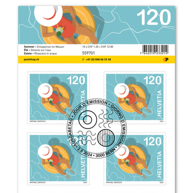 Briefmarken CHF 1.20 «Entspannen im Wasser», Bogen mit 10 Marken Bogen «Sommer», selbstklebend, gestempelt
