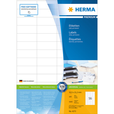 HERMA Etiketten PREMIUM 52.5x21.2mm 4273 weiss,perm. 5600 St./100 Bl.